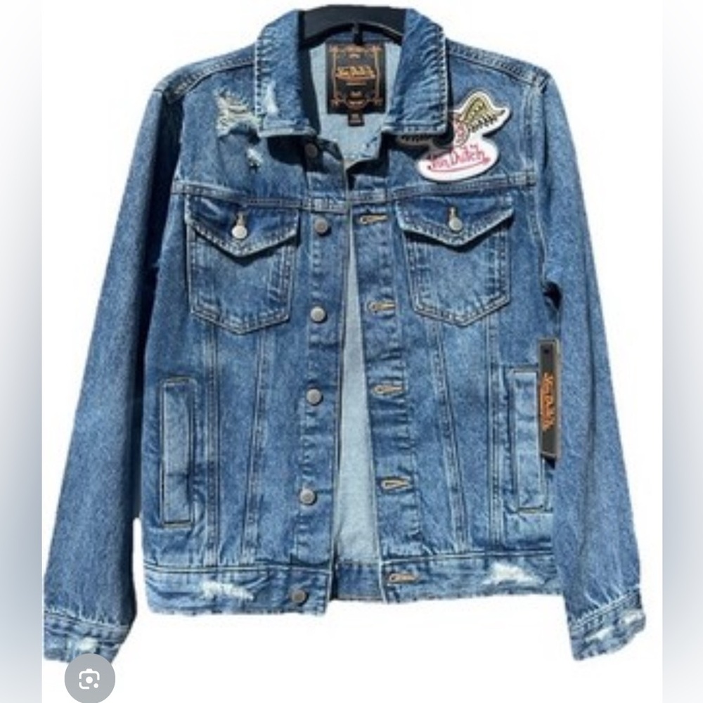 Von Dutch Men's Denim Jacket in Washed medium blue with Yellow Logo size L